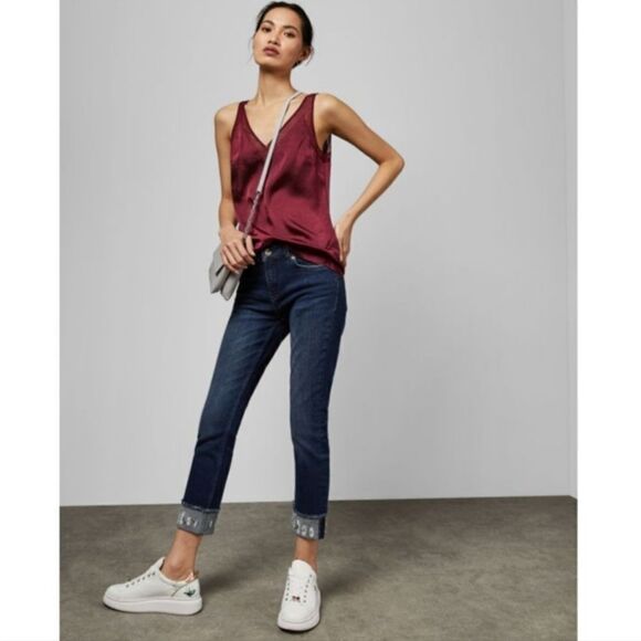 TED Baker Pralina Embroidered Raw Hem Jean Dark Blue